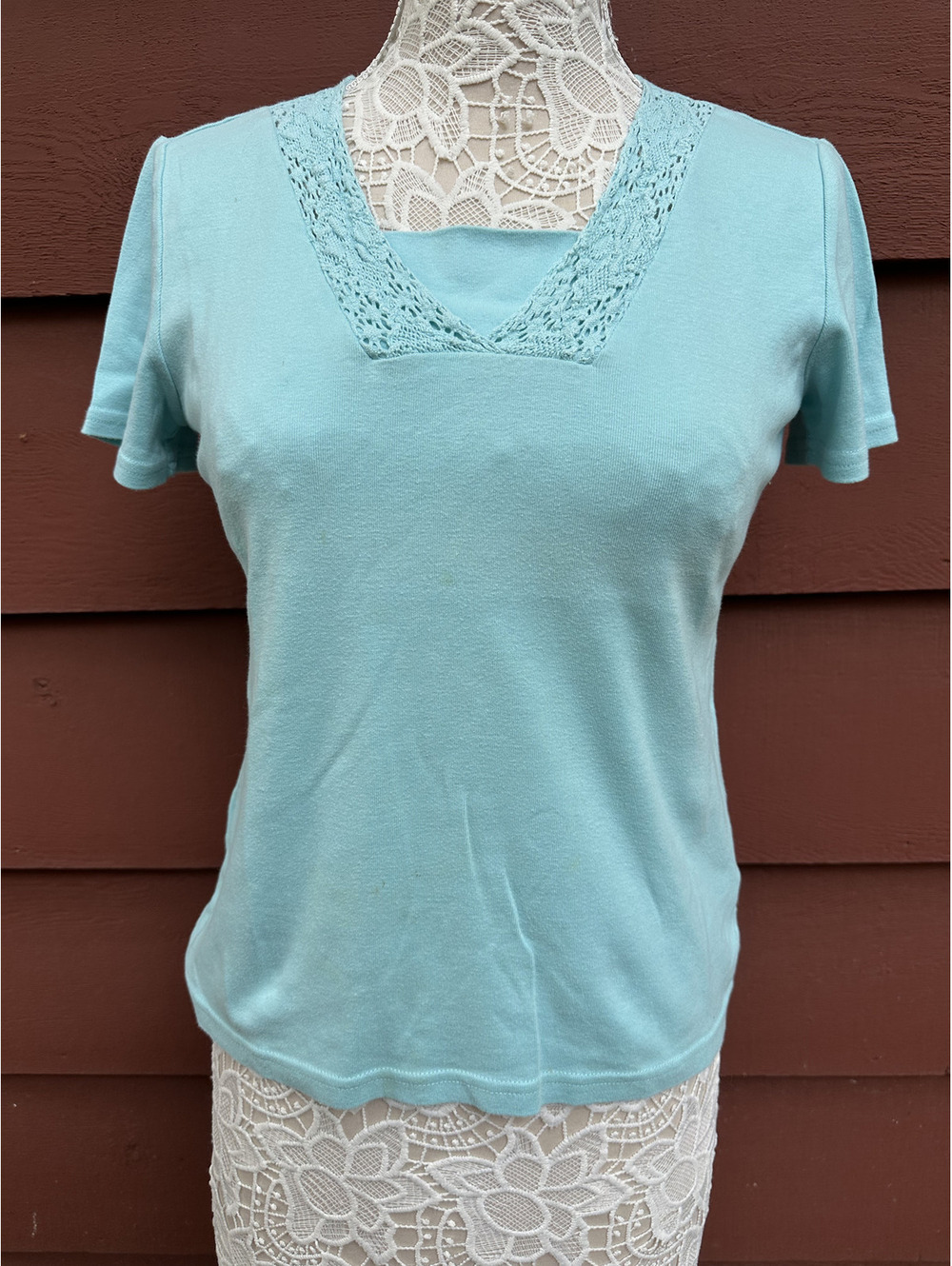 Basic Editions Light Blue Cotton Tee with Lace V-Neck Soft Pastel Feminine